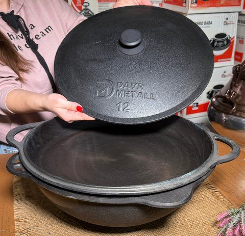 Чавунний казан 12 л з кришкою-сковородою та  алюмінієвою кришкою Davr Metall 100509-1 фото