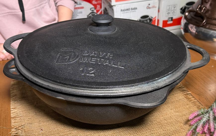 Чавунний казан 12 л з кришкою-сковородою та  алюмінієвою кришкою Davr Metall 100509-1 фото