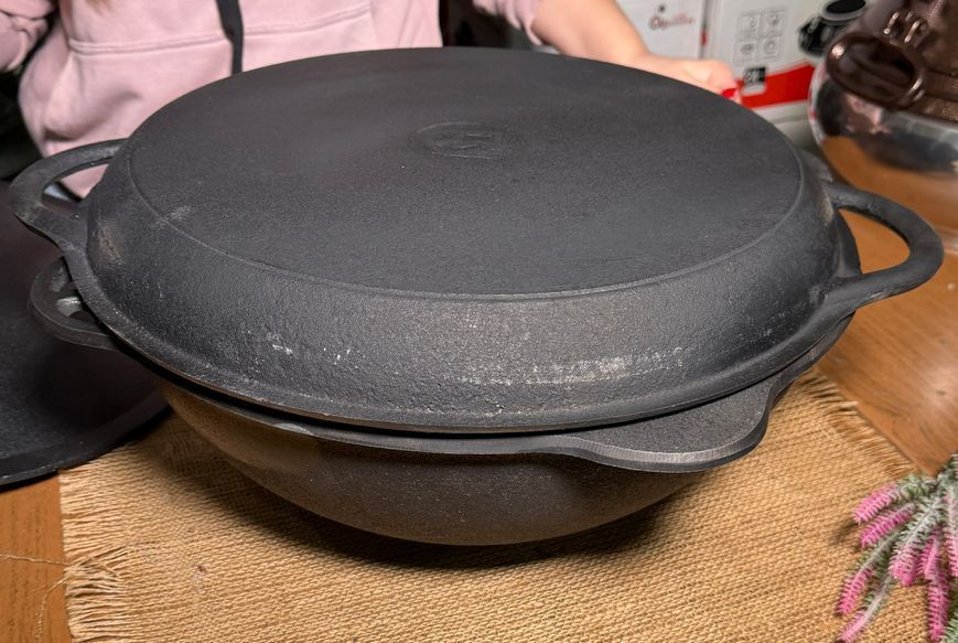 Чавунний казан 12 л з кришкою-сковородою та  алюмінієвою кришкою Davr Metall 100509-1 фото